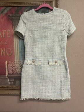 BeBop Light Blue Tweed Mini Dress with Fringe